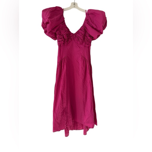 FRAME Pintucked Midi Dress with Puff Sleeves Fuschia Pink size Small - Picture 6 of 12